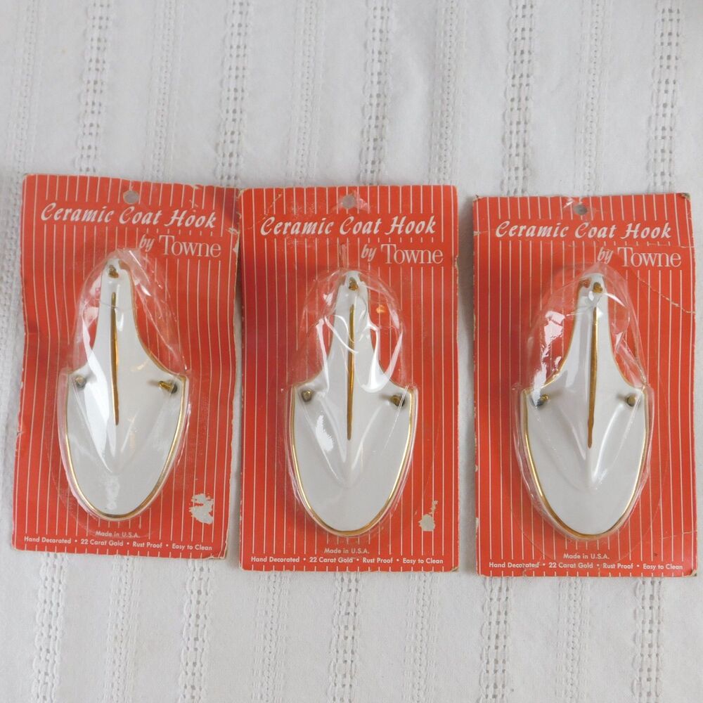 Towne Hardware Coat Hooks Porcelain White, 22k Gold Towel Lot of 3 Vintage USA !
